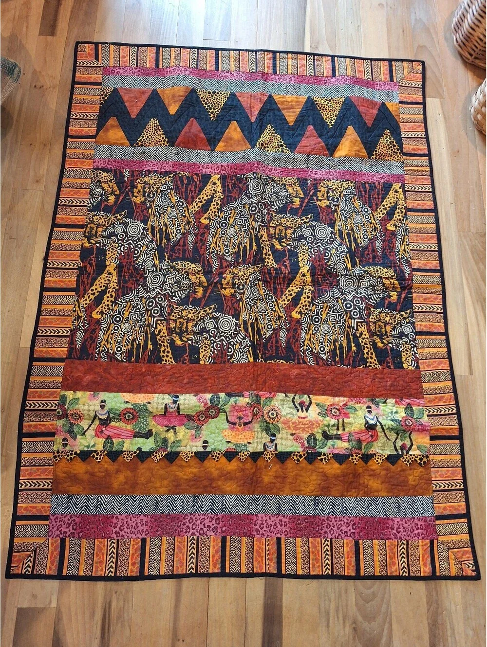 African quilt, hand made, leopard, zebra, elephants, lap size, 62